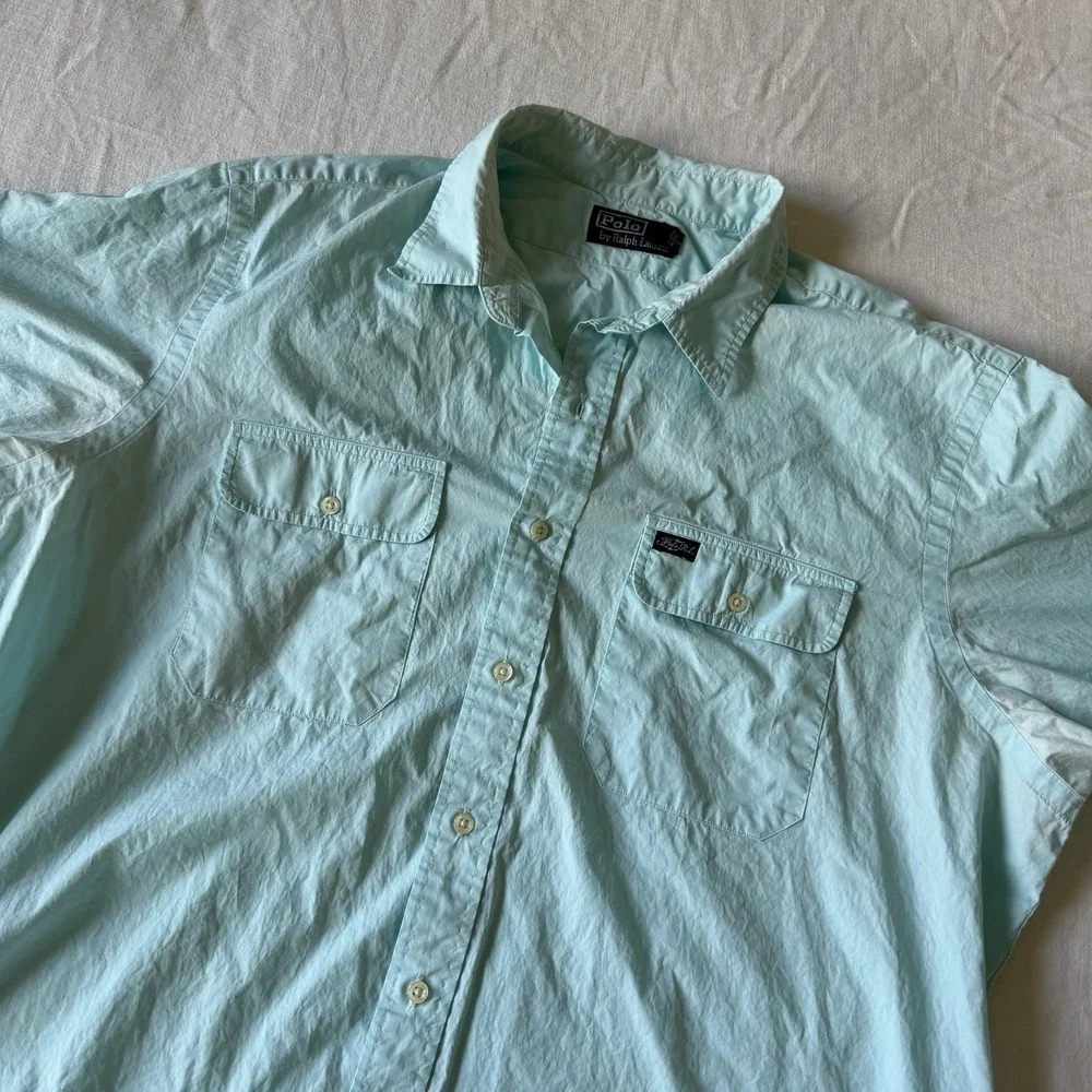 90's Polo Ralph Lauren Short Sleeve Deck Shirt XXL Faded Teal Double Pocket‎ RL